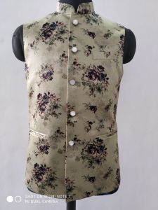 Men Cotton Beige Floral Printed Nehru Jacket