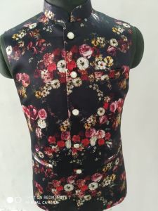 Men Cotton Black Floral Printed Nehru Jacket