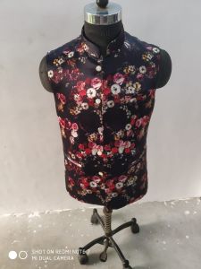Men Cotton Black Rose Floral Nehru Jacket