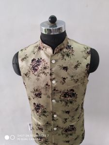 Men Cotton Light Olive Floral Printed Nehru Jacket