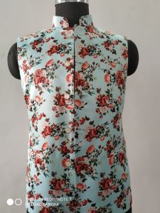 Men Cotton Sky Blue Floral Printed Nehru Jacket