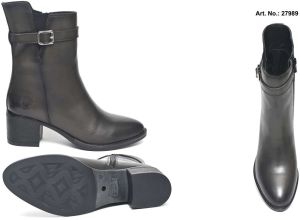 Black Mid Heel Leather Buckle Zipper Ankle Boot