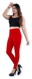 Red Cotton Lycra Ankle Leggings