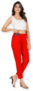 Red Women Cotton Lycra Trendy Pant