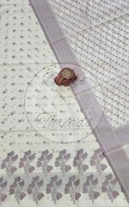 White and Lilac Cotton Banarsi Resham Weave Suit Material