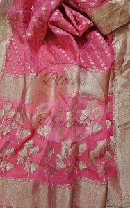 Pink and Gold Zari Weaved Chanderi Suit Material