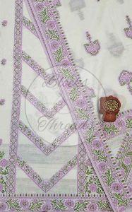 White Lilac and Green Premium Cotton Banarsi Resham Weaved Suit Material