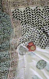 Green and Mustard Hand Embroidered Baroda Printed Cotton Suit Material