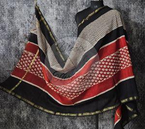 Beige Red and Black Chanderi Block Print Dupatta