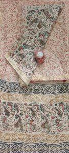 Beige Red and Green Kalamkari Block Print Chanderi Suit Material