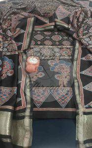 Black and Blue Chanderi Ajrakh Print Suit Material