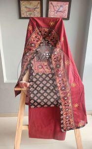 Black and Maroon Gamthi Print Cotton Suit Material