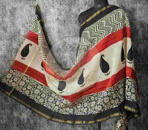 Black Red and Beige Chanderi Block Print Dupatta
