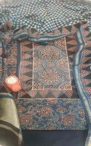 Blue and Maroon Chanderi Ajrakh Print Suit Material