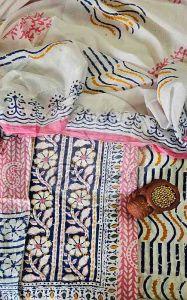 Blue and Pink Yoke Embroidered Baroda Print Cotton Suit Material
