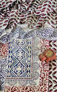 Blue and Red Hand Embroidered Yoke Baroda Print Cotton Suit Material