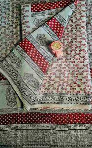 Deep Brown and Sage Green Bagh Print Cotton Suit Material