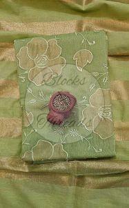 Green and Gold Mul Chanderi Suit Material with Striped Dupatta