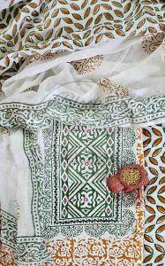 Green and Mustard Hand Embroidered Baroda Printed Cotton Suit Material