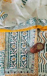 Green and Mustard Hand Embroidered Yoke Baroda Print Cotton Suit Material