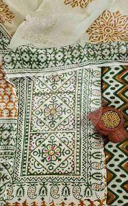 Green and Mustard Yoke Embroidered Baroda Print Cotton Suit Material