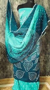 Teal Green Bandhani Cotton Suit Material with Mul Cotton Dupatta