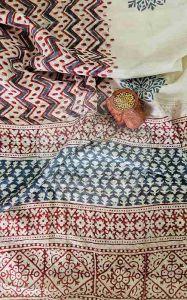 Red and Grey Yoke Embroidered Baroda Print Cotton Suit Material