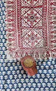 Red and Grey Yoke Embroidered Baroda Print Cotton Suit Material