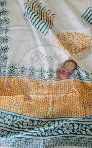 Green and Mustard Hand Embroidered Yoke Baroda Print Cotton Suit Material