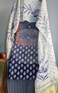 Indigo Neck Yoke Gamthi Print Cotton Suit Material