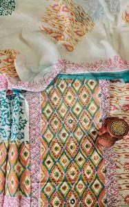 Pink and Green Front Panel Baroda Print Cotton Suit Material