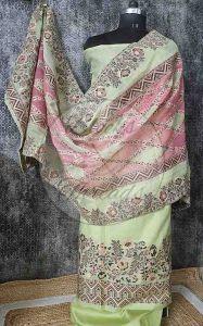 Limegreen and Pastelpink Jacquard Weaved Chanderi Suit Material