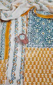 Mustard and Blue Baroda Print Cotton Suit Material