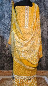 Mustard and White Batik Print Cotton Suit with Silk Dupatta