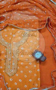 Orange and White Bandhani Cotton Suit Material with Chiffon Dupatta