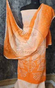 Orange Bandhani Cotton Suit Material with Mul Cotton Dupatta