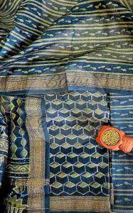 Peacock and Sage Green Maheshwari Silk Cotton Suit Material