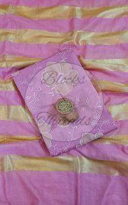 Pink and Gold Mul Chanderi Suit Material with Striped Dupatta