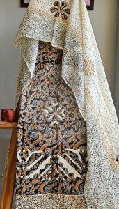 Pure Cotton Black and Mustard Printed Kalamkari Suit with Applique Work