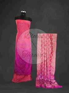 Rani Pink and Peach Bandhani Dupion Silk Suit Material