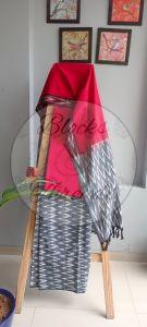 Red and Grey Pochampally Ikat Weave Cotton Unstitched Suit