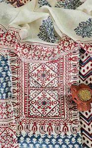Red and Grey Yoke Embroidered Baroda Print Cotton Suit Material