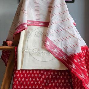 Red and Off White Ikat Weave Unstitched Cotton Suit