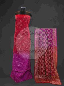 Red and Rani Pink Bandhani Dupion Silk Suit Material