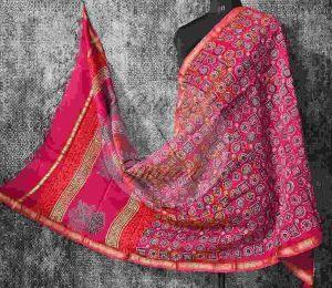 Red Black and Beige Chanderi Block Print Dupatta