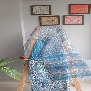 Teal Blue Ikat and Bagru Print Unstitched Cotton Suit