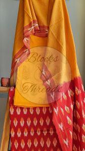 Vermilion and Mustard Ikat Weave Unstitched Cotton Suit