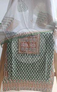 White and Green Baroda Print Cotton Suit Material