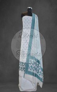 White and Green Cotton Banarsi Resham Weave Suit Material