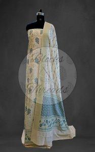 White and Green Premium Cotton Banarsi Weave Suit Material